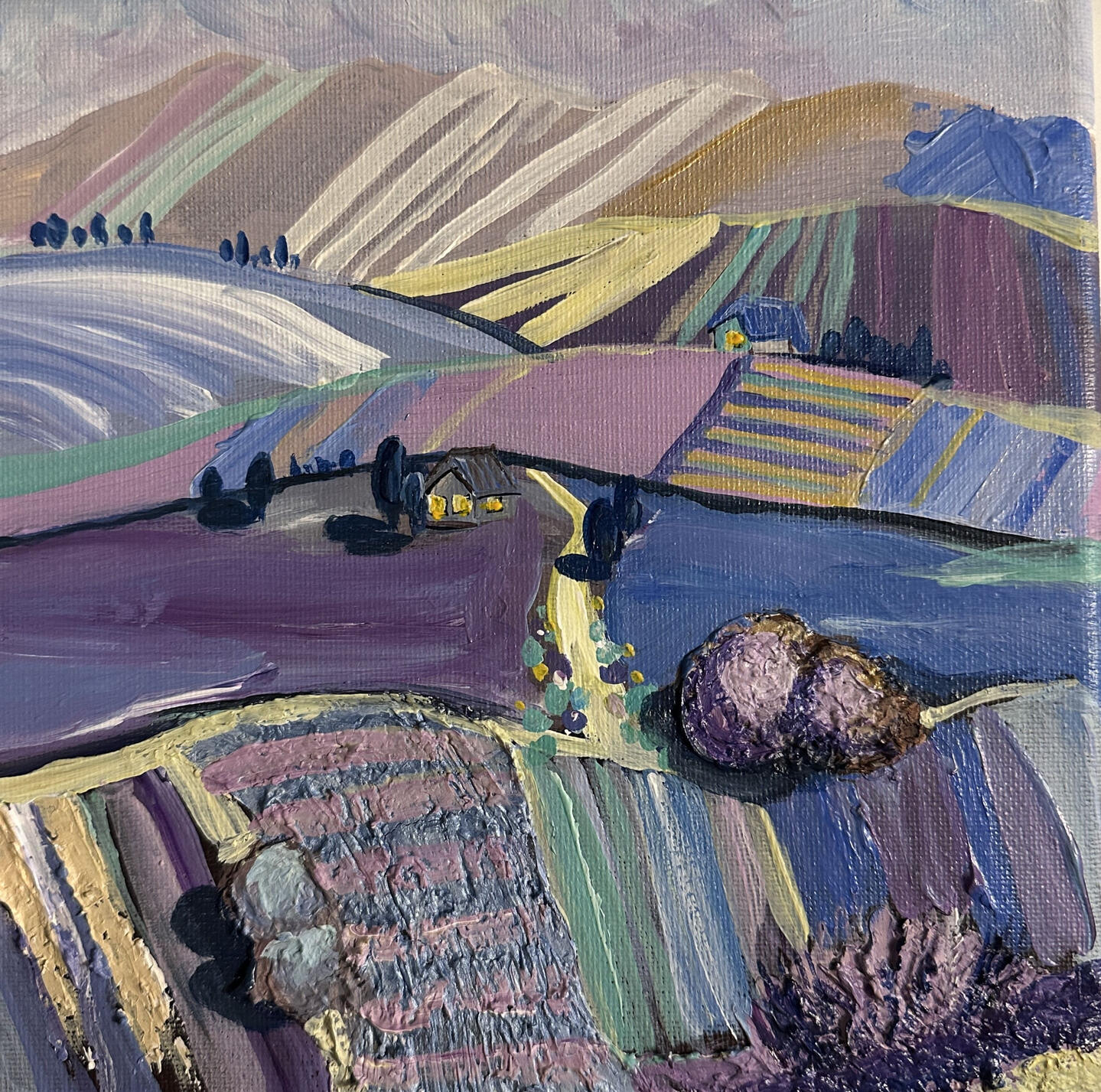 “Lavender Fields” acrylic & texture, 20×20 cm
